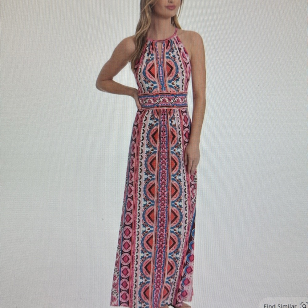 London Times Vibrant Pink and Blue Maxi Dress Halter Sleeveless